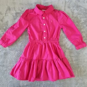 Ralph Lauren Tiered Cotton Poplin Shirtdress Logo Button Fuschia Pink 24 Months